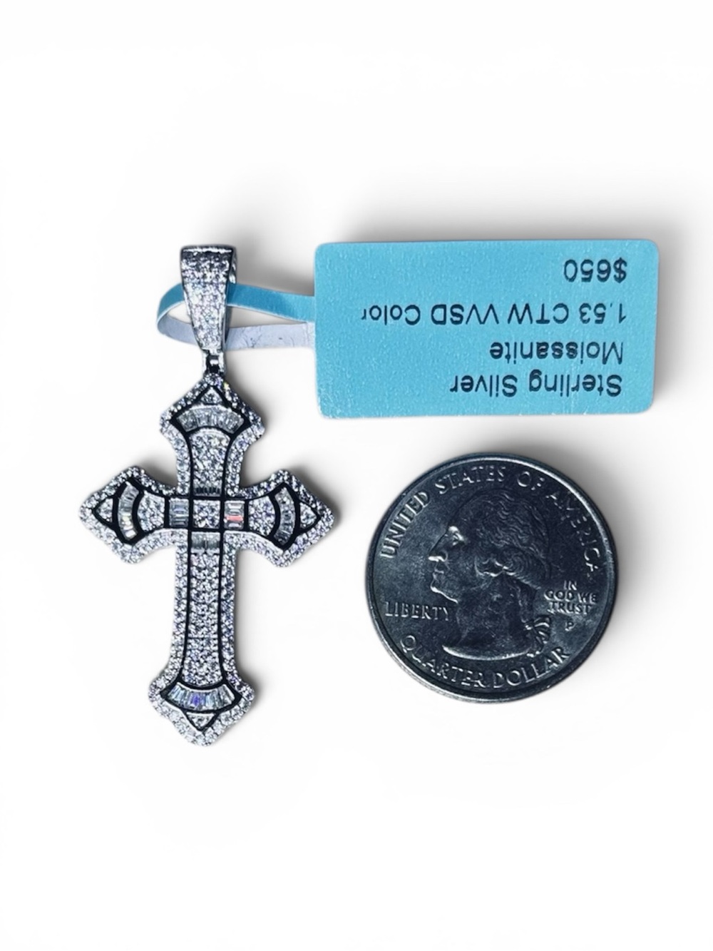 Solid 925 Sterling Silver VVS Moissanite Cross Pendant - Picture 13 of 13